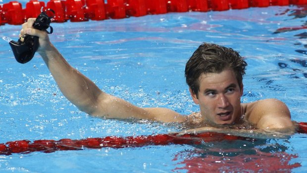 American Nathan Adrian celebrates after the US team won gold in the men's 4x100m medley relay final at the world championships in  Russia on Sunday.