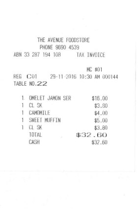 Receipt for lunch with Father Bob.