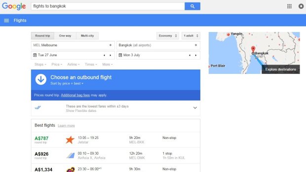 Details offered in search results include price, airline, duration and stopovers.