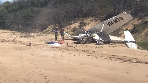The wreck of the plane after the fatal crash on the beach at Middle Head, near Agnes Water.
