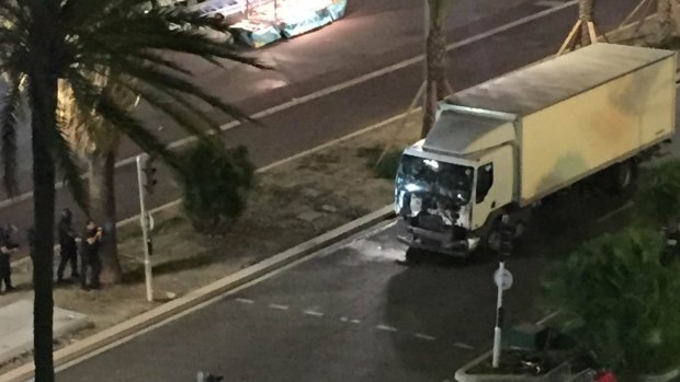 The white delivery truck that ploughed into a crowd in Nice on Bastille Day. 