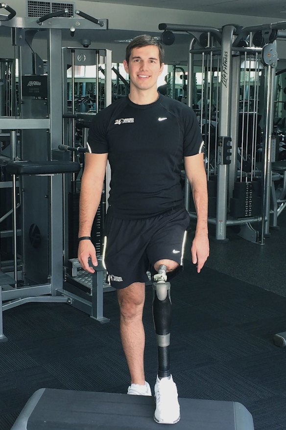 No mean feat: Patient Mitchell Grant exercises his prosthetic leg. 