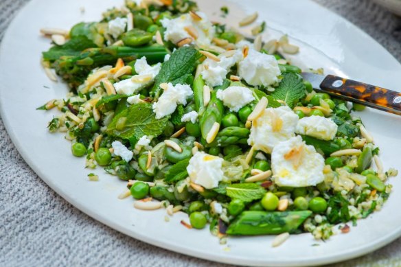 Spring tabbouleh with peas, asparagus and broad beans.