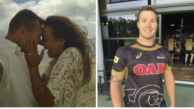 Big changes: Trent Merrin and Sally Fitzgibbons when they announced their engagement and Merrin at Penrith on Tuesday.