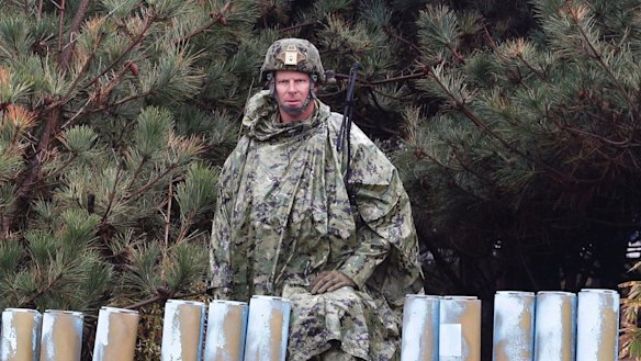An American soldier stands guard during the US-South Korea joint exercise in Pohang, South Korea, last Tuesday.