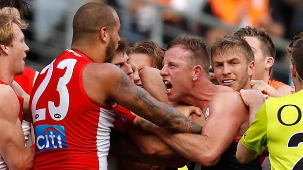 Flashpoint: Steve Johnson and Lance Franklin clash at the quarter time break during the 2016 AFL First Qualifying Final match between the Swans and the Giants.