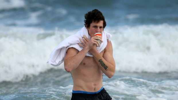 Jake Carlisle during an Essendon recovery session at St Kilda Sea Baths.