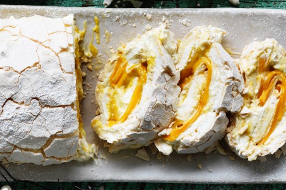 Rachel Khoo's coconut, lime and mango pavlova roulade for Christmas.