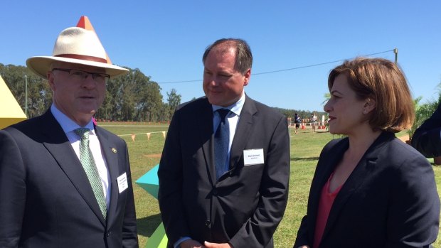 At the launch of Aura on Thursday, from left, Sunshine Coast mayor Mark Jamieson, Stockland's chief executive Mark Steinert and deputy premier Jackie Trad.





