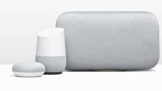 The big new Google Home Max, alongside the original Home and the tiny Home Mini.