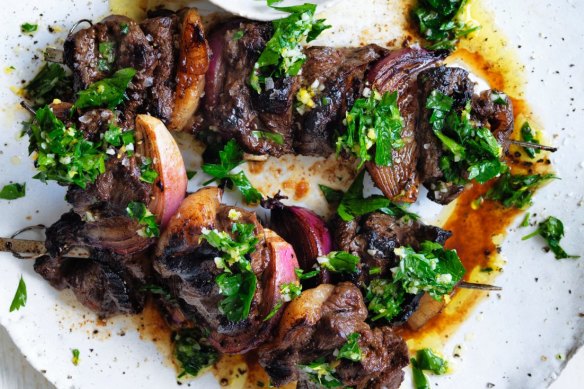Adam Liaw's garlic and anchovy beef skewers.