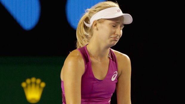 Down and out:  Daria Gavrilova during her fourth round match against Carla Suarez Navarro.