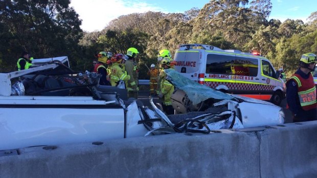The cabin of the ute was crushed in the crash on the M1 at Cataract.