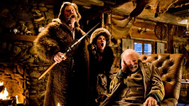 From left, Kurt Russell, Jennifer Jason Leigh and Bruce Dern in <i>The Hateful Eight</i>.