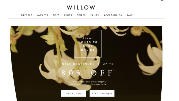 The Willow website on Monday night, showing the brand is closing its online and physical stores.
