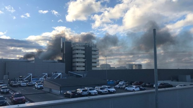 The scene of a building fire burning near Westfield shopping centre in Doncaster