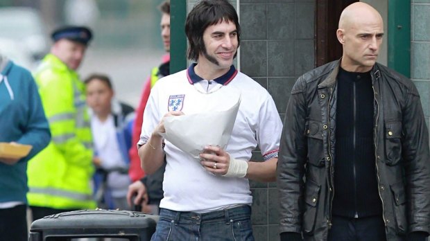 Sacha Baron Cohen as Nobby Grimsby and Mark Strong as Sebastian Grimsby in The Brothers Grimsby.