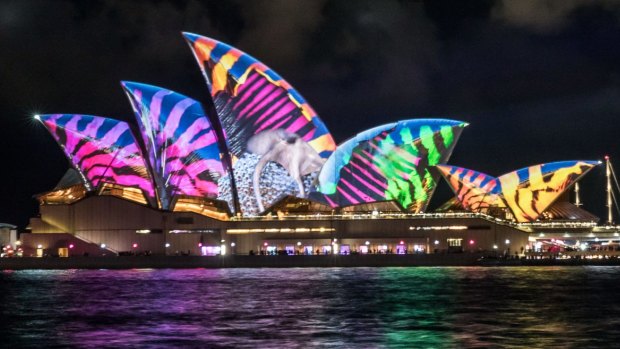 Lghts shimmer on the first night of Vivid at Sydney Opera House.