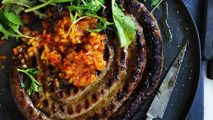 Boerewors (beef sausage) with chakalaka and polenta
