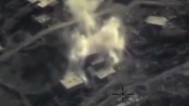 An aerial image shows a Russian air strike on a militant base in the province of Latakia, Syria.