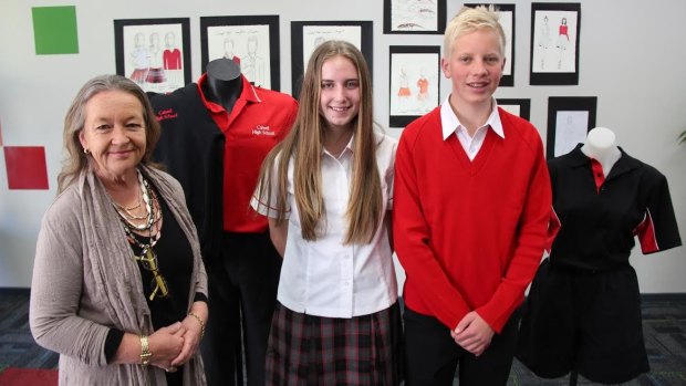 Calwell High School students showcase the school's new uniforms with Minister for Education Joy Burch.
