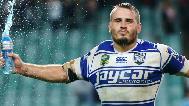 Bulldogs five-eighth Josh Reynolds celebrates a close win over the Roosters last year.