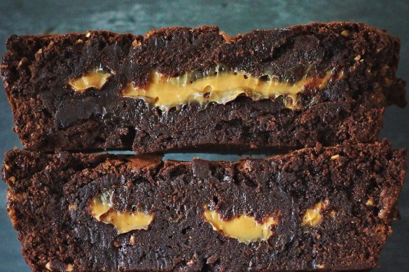 Peanutty brownies with a hidden caramel centre.