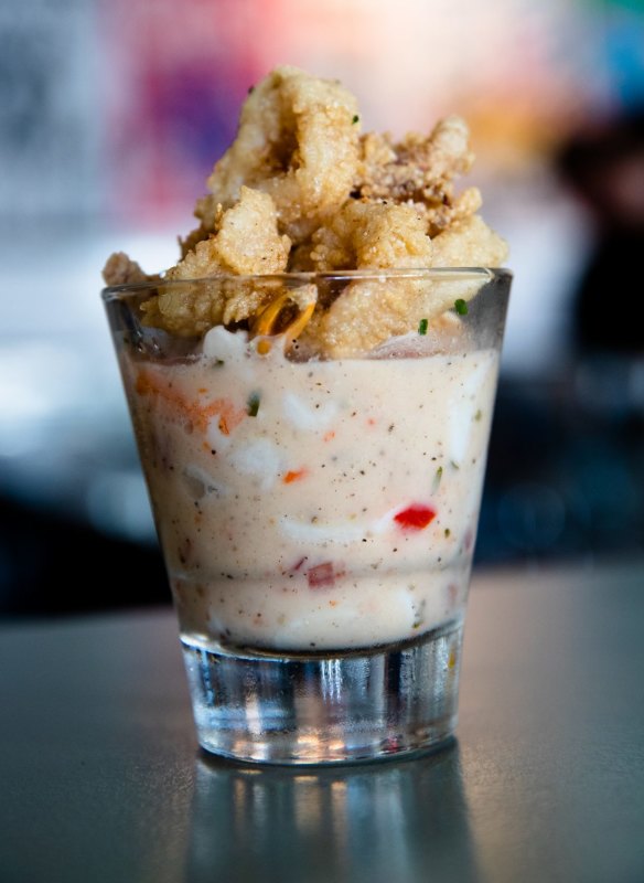 Leche de tigre, prawn and Hiramasa kingfish ceviche marinated in lime and chilli 'tiger's milk'.