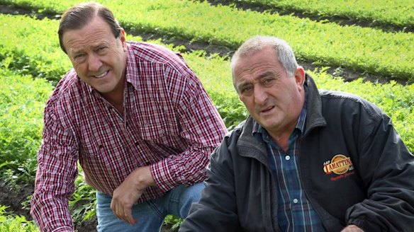 Lobster dinner host Frank Lamattina (right) with Liberal councillor Geoff Ablett at Mr Lamattina's farm.