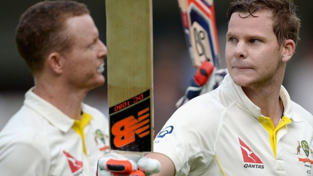 Unbeaten: Chris Rogers and Steven Smith leave the field at stumps with hundreds on the board.