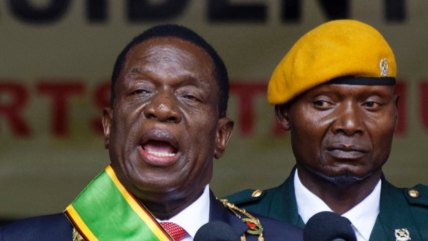 Zimbabwe's President Emmerson Mnangagwa speaks after being sworn in at the presidential inauguration ceremony in the capital Harare, Zimbabwe in November.