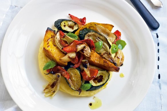 Soft polenta with roasted vegetables.