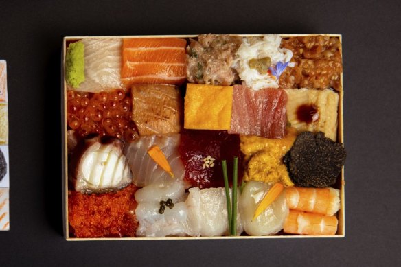 The chirashi sushi box designed by chef Tomoyuki Matsuya and his 11-year-old daughter, Mone, at Choji Yakiniku.