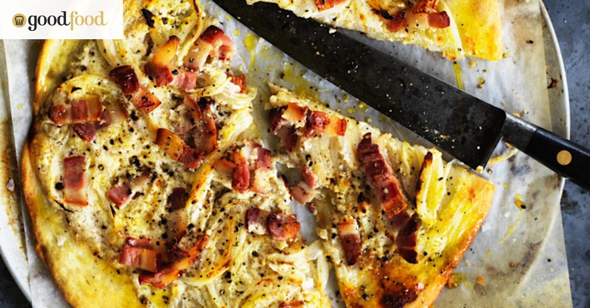Tarte flambee: Cheese, onion and bacon flatbread