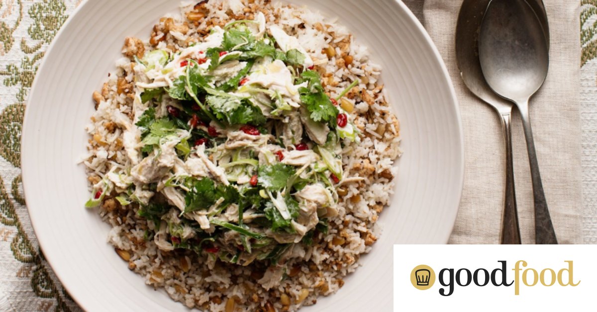 Poached chicken and rice with ginger, pinenuts and barberries