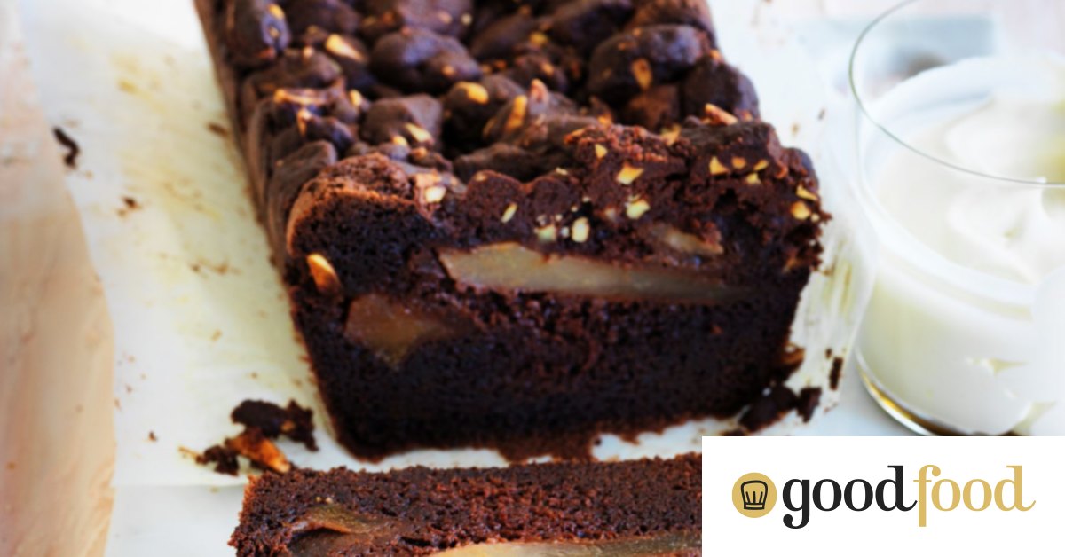 Chocolate, pear and olive oil cake with cocoa crumble