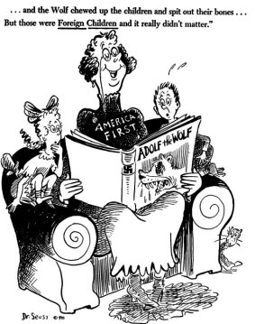 This 1941 political cartoon by Dr Seuss, depicting a woman wearing an "America First" slogan, resurfaced during the recent US election. 