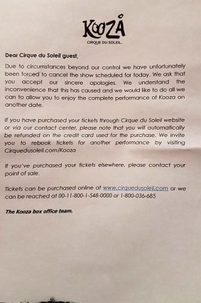 This letter was handed to people turning up to the cancelled show.