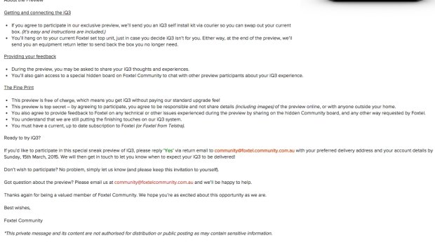 Part of a note Foxtel sent earlier this month to select customers, asking if they could help test the iQ3.