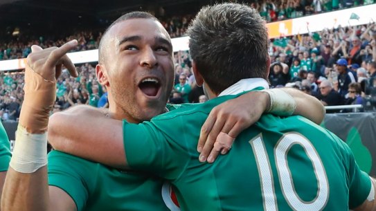 Stunning: Ireland celebrate after scoring against the All Blacks.