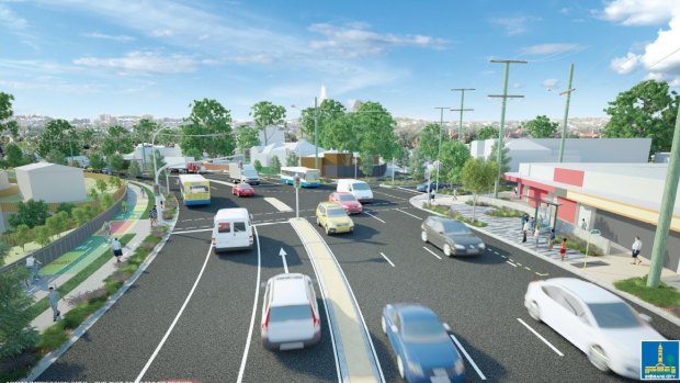 An artists' impression of the proposed stage one of the Wynnum Road upgrade, showing the intersection with Heidelberg Street, East Brisbane.