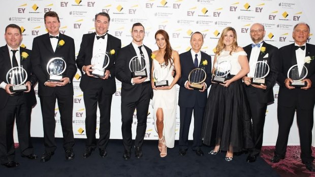 Winners at the EY Entrepreneur of the Year Awards: James Spenceley; Vocus Communications, Timothy Power; 3P Learning, Dr James Muecke; Sight For All, Tobias Pearce and Kayla Itsines; The Bikini Body Training Company, Manny Stul; Moose Enterprise, Cyan Taeed and Collis Taeed; Envato, Brian White, Ray White Group