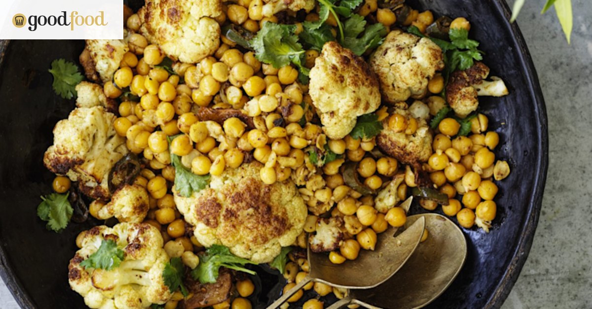 Fried cauliflower with chickpeas, pickled green chillies and spices