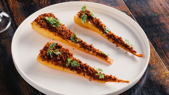 Confit parsnips with Kashmiri chilli crumb.