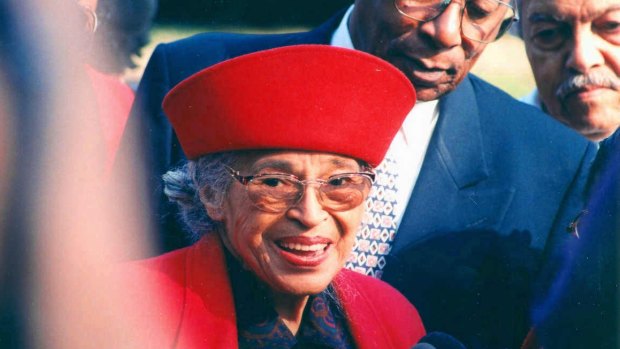 Rosa Parks at a youth rally celebrating her then 43-year-fight for justice in Washington in  1998.