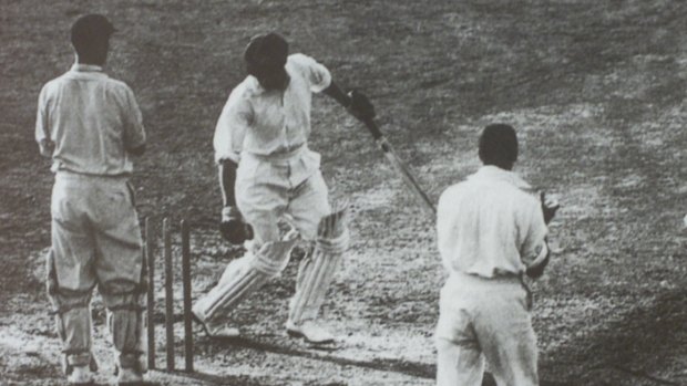 MANDATORY CREDIT Picture courtesy of the publication  Images of Bradman 
SPECIAL ---- The Age, BRADMAN; 
Donald Bradman bowled for a duck in the fifth test of the 1948 Ashes tour of England.

MANDATORY CREDIT Picture courtesy of the publication  Images of Bradman  / jmd [digital]