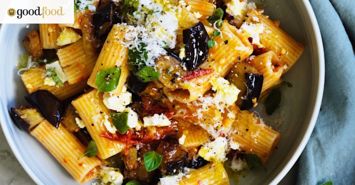 Rigatoni with smoky eggplant, tomato and oregano
