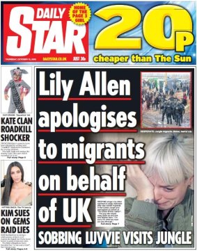 Lily Allen on the cover of the <i>Daily Star</i> earlier this month.