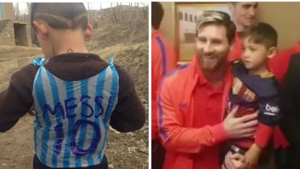 Famous meeting: Murtaza Ahmadi, left, with his plastic bag jumper and with Lionel Messi.