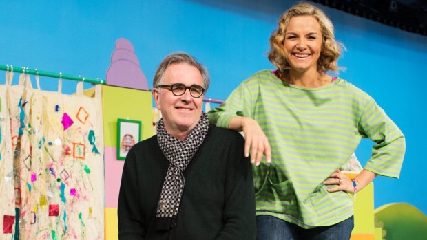 Justine Clarke and Peter Dasent on set of ABC kids show Play School.